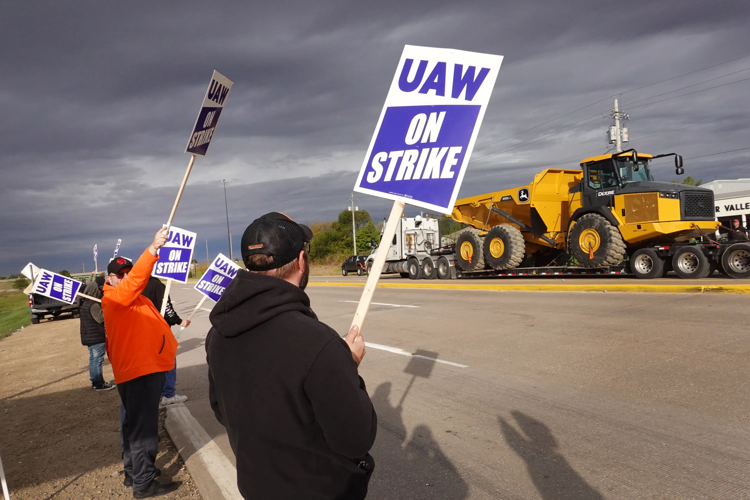 Workers picketing outside of the John Deere Davenport Works facility on Oct. 15 in Davenport, Iowa. More than 10,000 John Deere employees, represented by the United Auto Workers, walked of the job&nbsp;after contract talks&nbsp;failed.