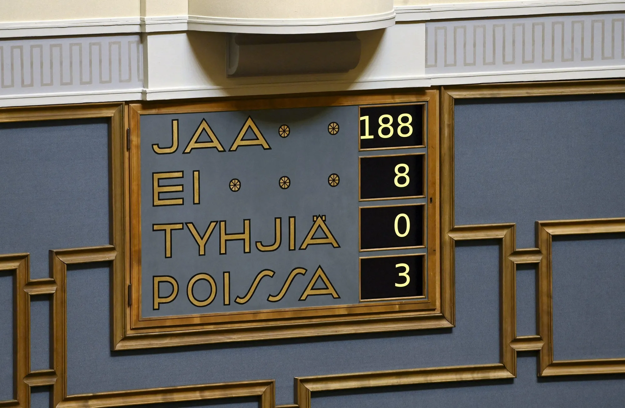 A board shows the results of the vote of the plenary session at the Finnish parliament on the NATO membership bid in Helsinki, Finland, on May 17.