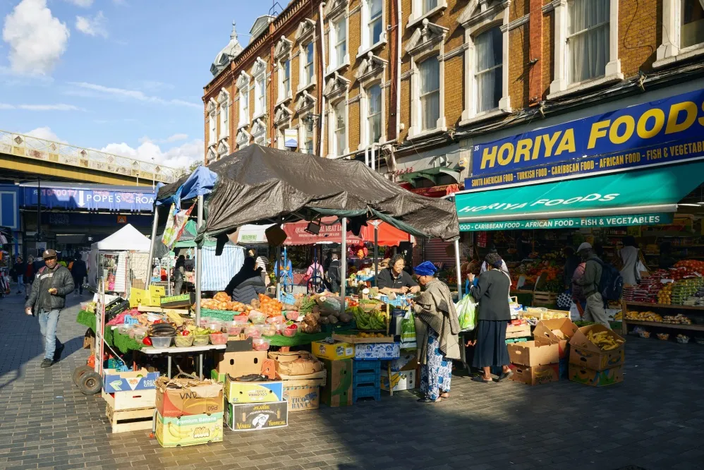 Market stalls located near Brixton Market, the Lambeth borough of London, UK, on Sept. 22, 2023. Hervin Brown used to run a stall with his friend selling clothes on the weekends.