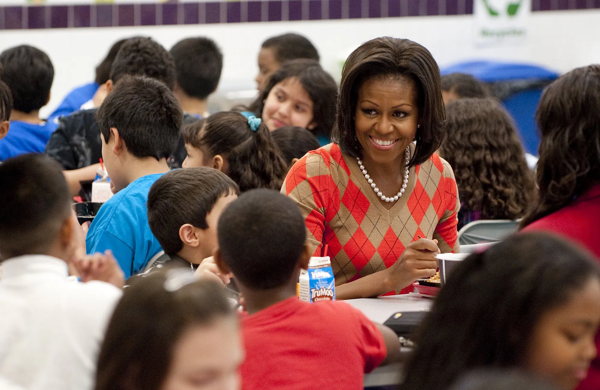 Michelle Obama eats lunch with school children in a&nbsp;cafeteria&nbsp;in Alexandria, Virginia in&nbsp;2012.&nbsp;