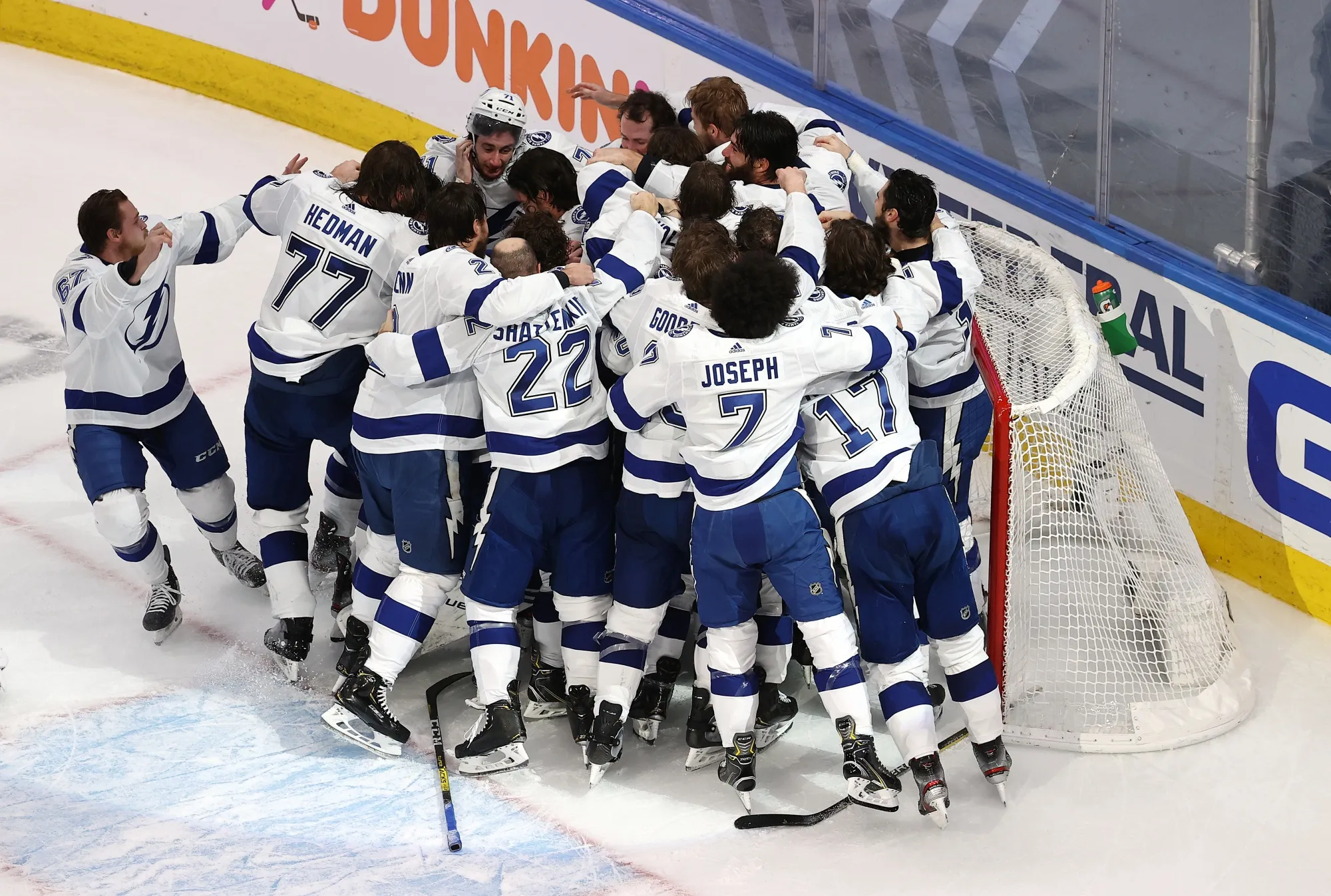 The Tampa Bay Lightning celebrate following theeir victory over the Dallas Stars on Sept. 28.