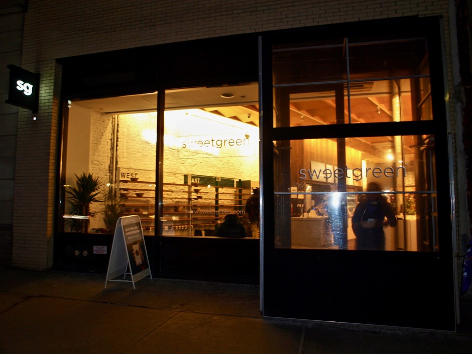 The exterior of a Sweetgreen in New York City. An American fast-food chain selling salads and grain bowls, Sweetgreens do not accept cash unless city or state regulations mandate that they do.