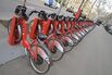 Red rental bikes from bicing, Gran Via de les Corts Catalanes, Barcelona, Catalonia, Spain