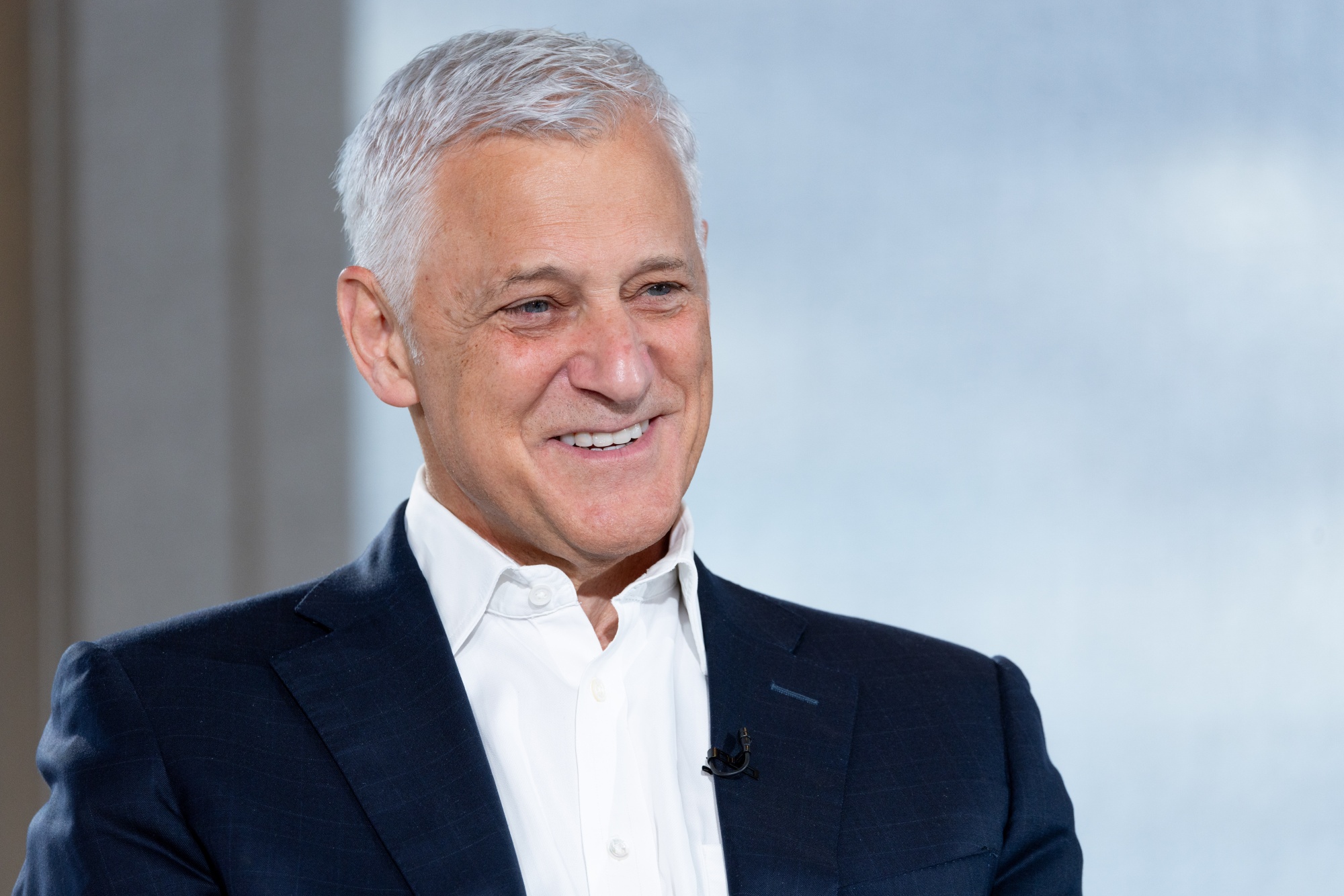 Bill Winters, chief executive officer of Standard Chartered Plc, during a Bloomberg Television interview in London, UK, on Monday, June 2, 2025. Private credit firms enjoy a “significant” capital advantage over traditional banks that’s unlikely to disappear, according to Winters. Photographer: Jason Alden/Bloomberg
