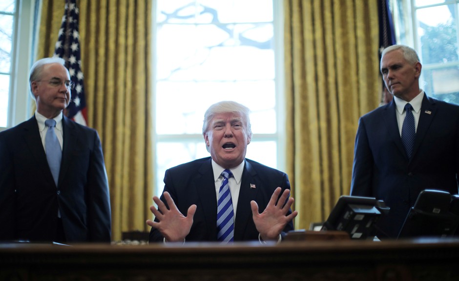 HHS Secretary Tom Price, President Donald Trump, and Vice President Mike Pence in the Oval Office.