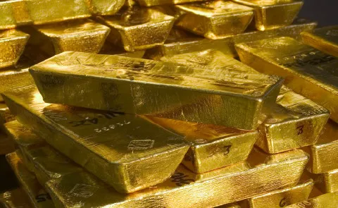 A stack of gold bars sits in a Goldcorp Inc. vault.