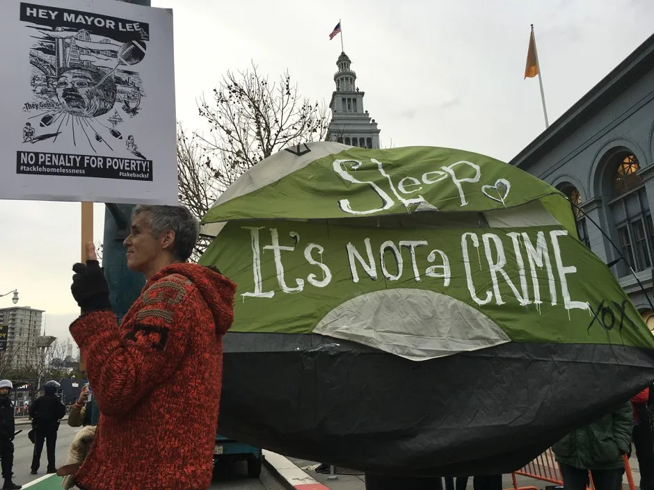 Protestors against San Francisco's response to homelessness march during the city's 2016 Super Bowl