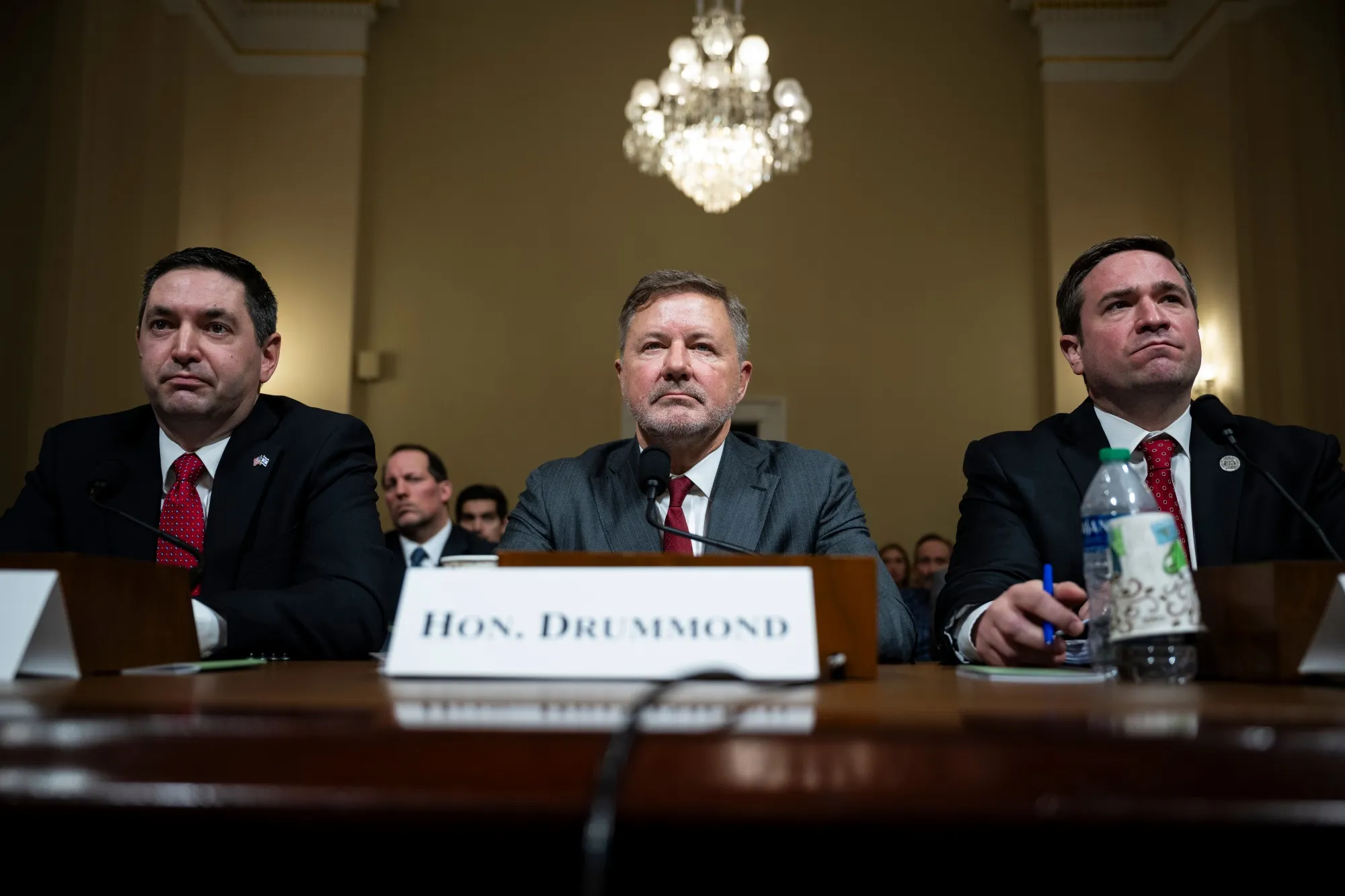 Austin Knudsen, Montana’s attorney general, from left, Gentner Drummond, Oklahoma’s attorney general, and Andrew Bailey, Missouri’s then-attorney general, during a House Homeland Security Committee hearing in Washington, DC, on Jan. 10, 2024.