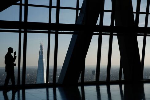 The Shard skyscraper stands on the city skyline seen from the 47th floor of the Leadenhall Building, also known as the Cheesegrater, in the financial district of London, U.K., on Sept. 3, 2014.