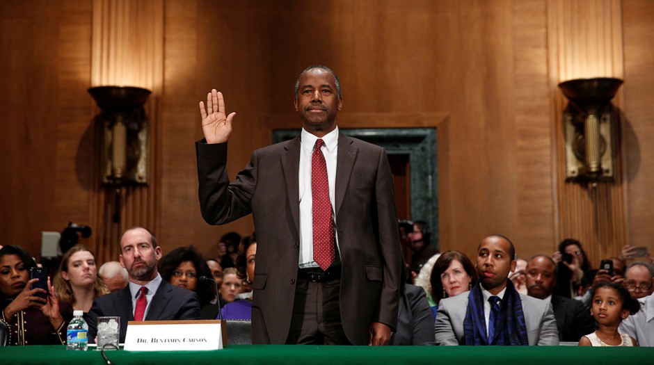 Ben Carson is sworn in to testify before a confirmation hearing on his nomination to be secretary of the U.S. Department of Housing and Urban Development on January 12, 2017. 