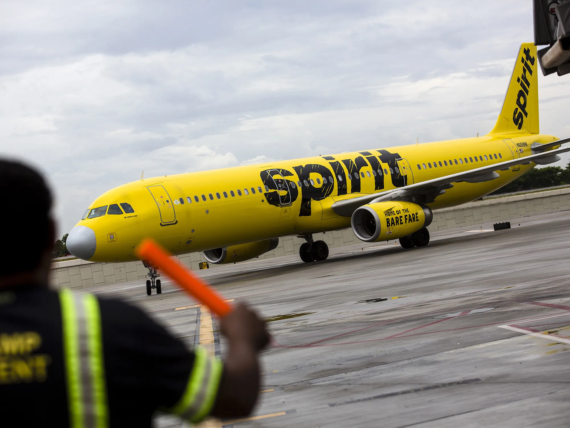 A Spirit Airlines&nbsp;plane on the tarmac at Fort Lauderdale International Airport in Fort Lauderdale, Florida.
