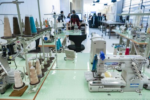 Sewing machines at the back of the Lululemon Lab shop in New York City.