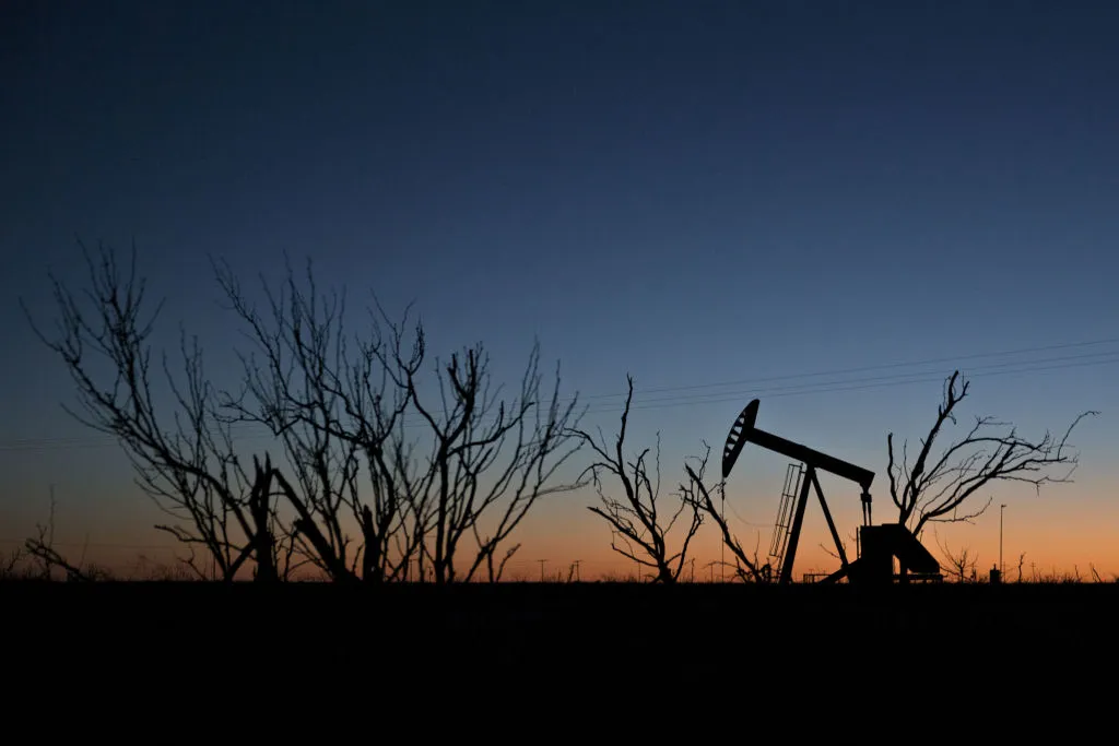 A pumpjack at dusk in the Permian Basin near Midland, Texas.