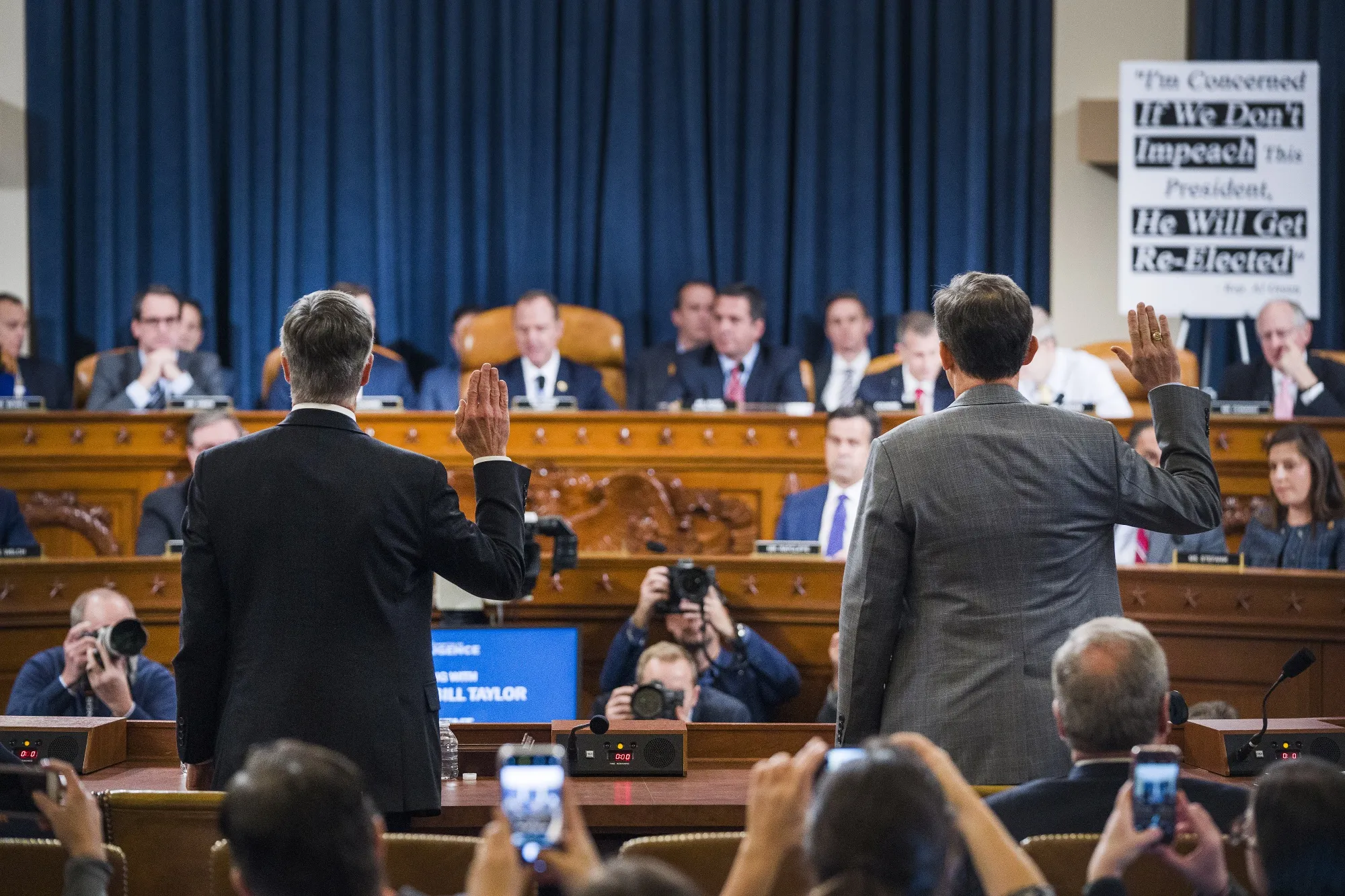 George Kent and Bill Taylor are sworn in during a House Intelligence Committee impeachment inquiry hearing in Washington, D.C. on Nov. 13.