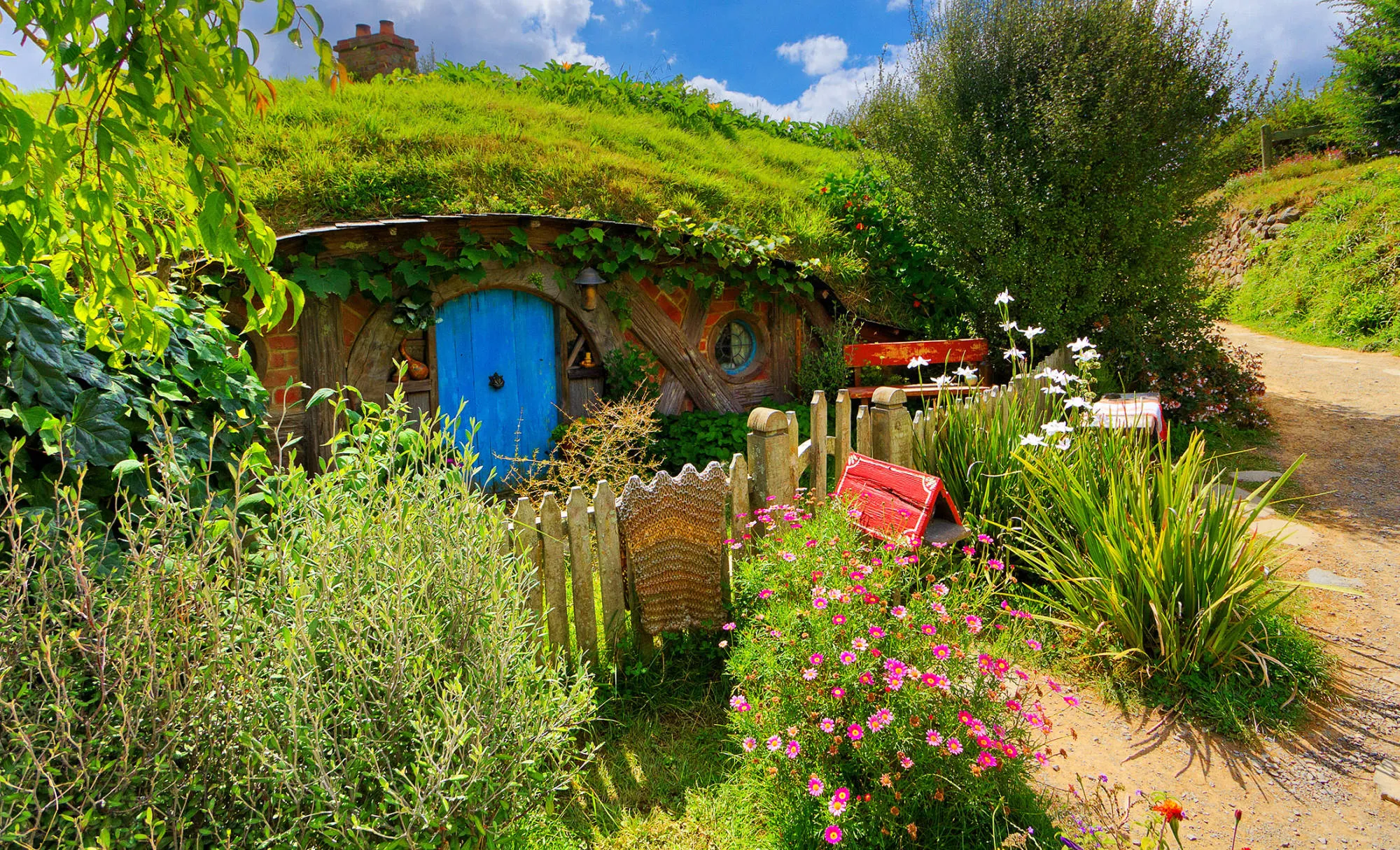 A Hobbit home at the Hobbiton film set in Matamata, New Zealand.
