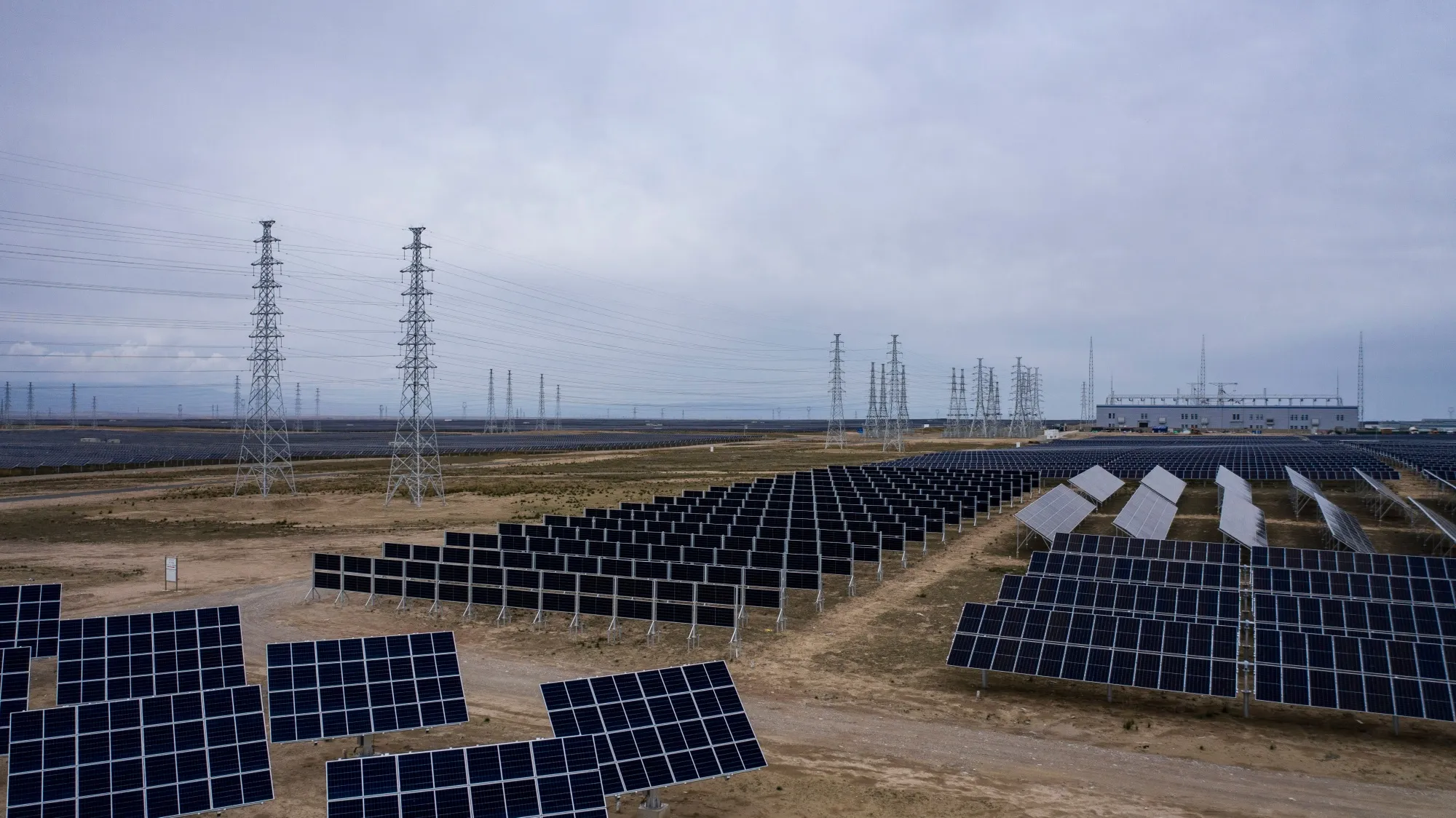Photovoltaic panels at a solar farm in Gonghe County, Qinghai province, China.