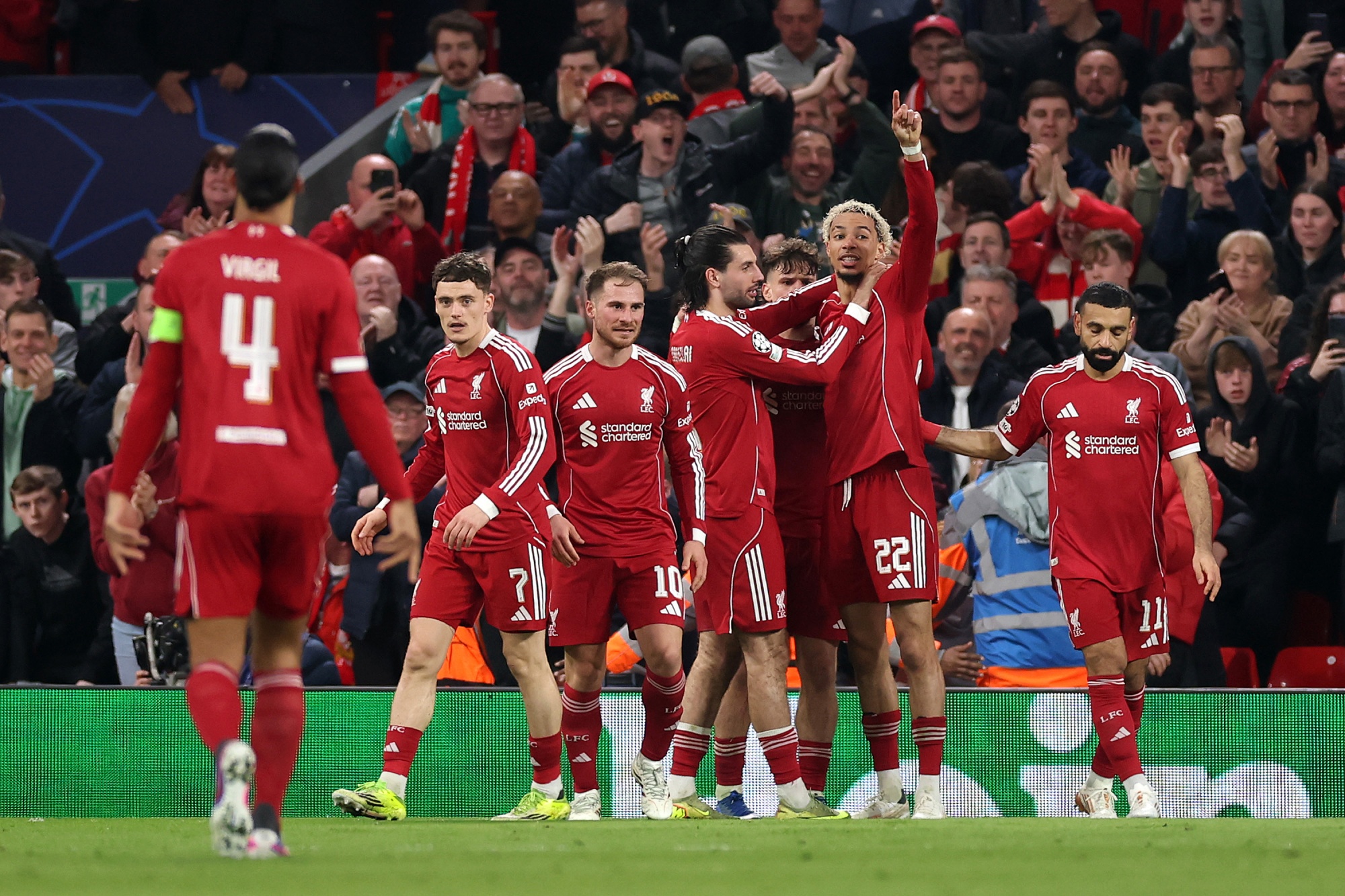 Hugo Ekitike of Liverpool celebrates a goal with teammates during a match against Galatasaray SK at Anfield in Liverpool, England on March 18.