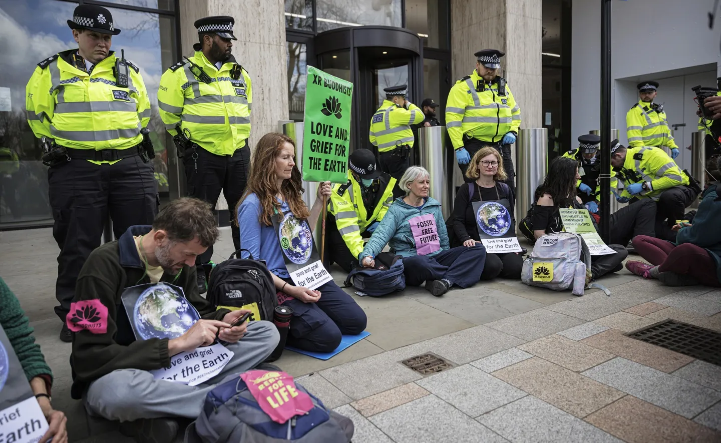 Extinction Rebellion activists outside the Shell Building in London, on April 13.&nbsp;