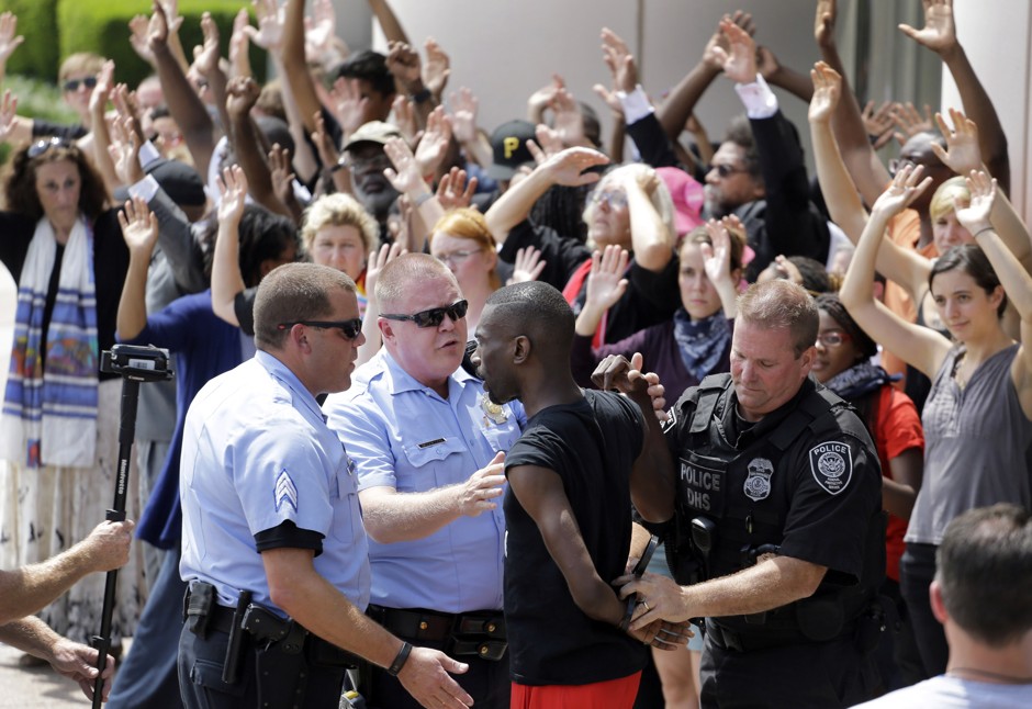 Activist DeRay Mckesson is arrested at a protest in Ferguson, Missouri in 2015.