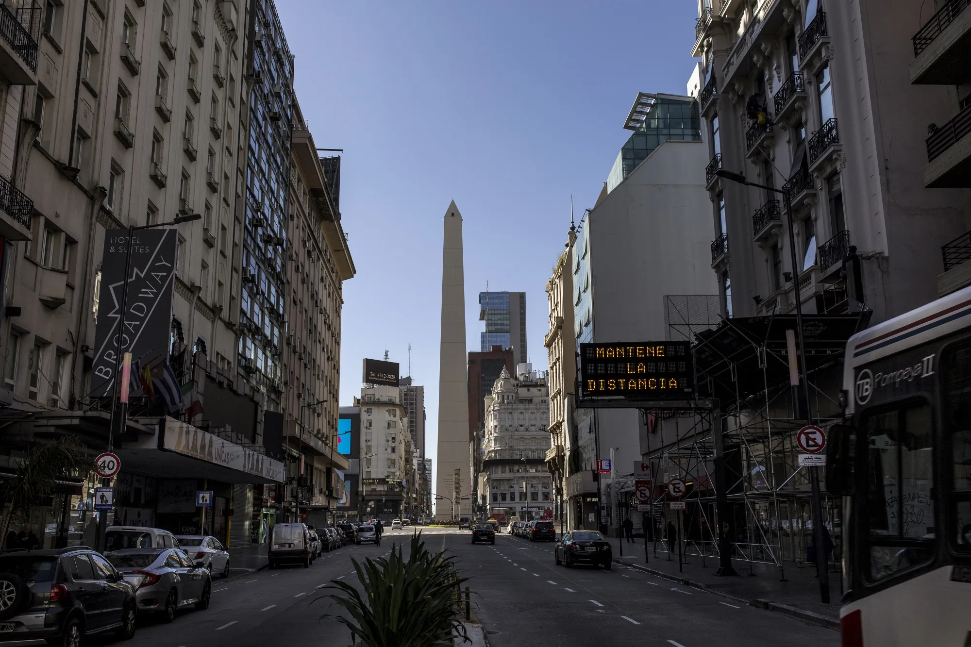 A sign displays "Maintain Distance" on Corrientes Avenue in the Montserrat neighborhood of Buenos Aires May 14.