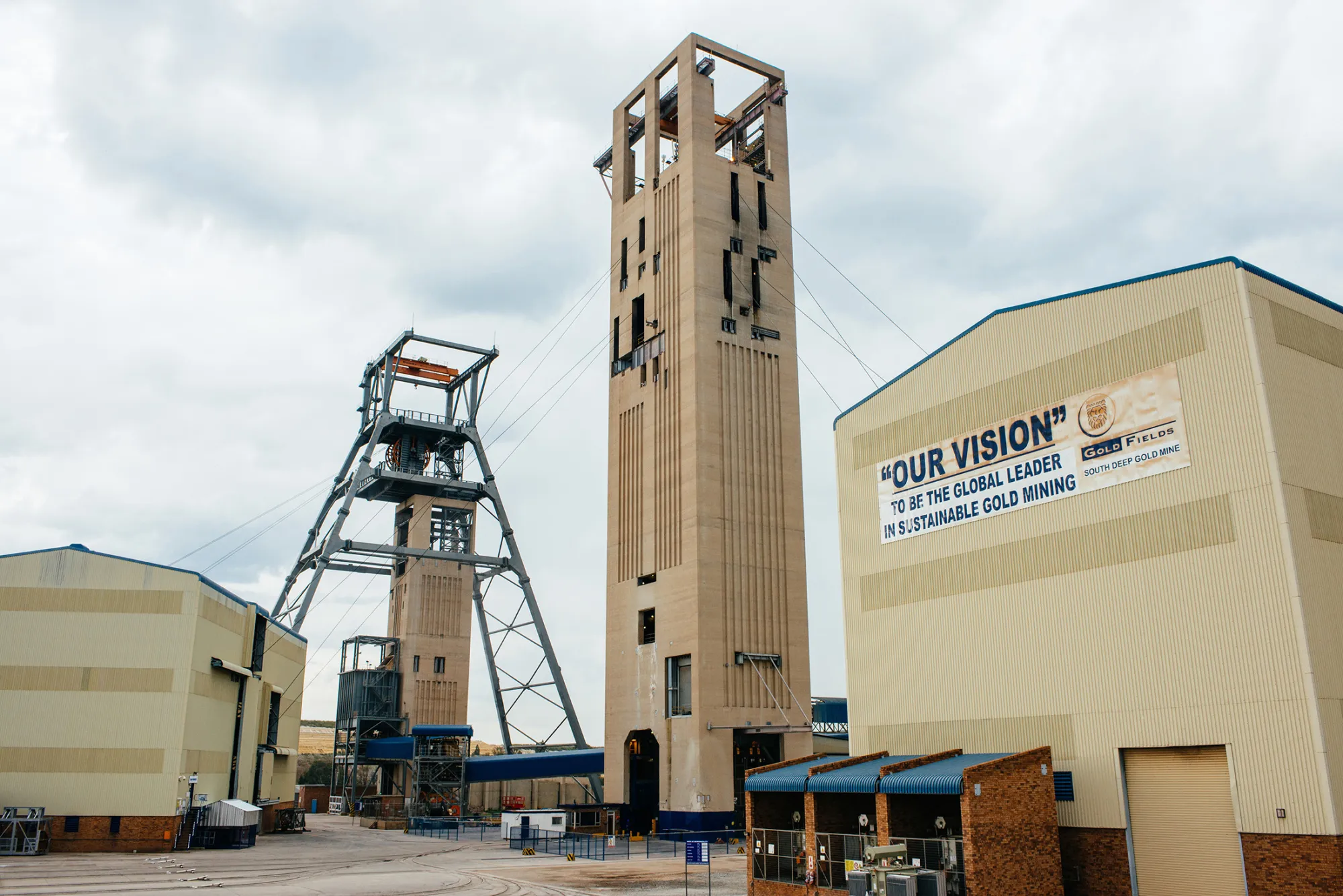 The mine access shaft lifting gear stands at the South Deep gold mine.&nbsp;
