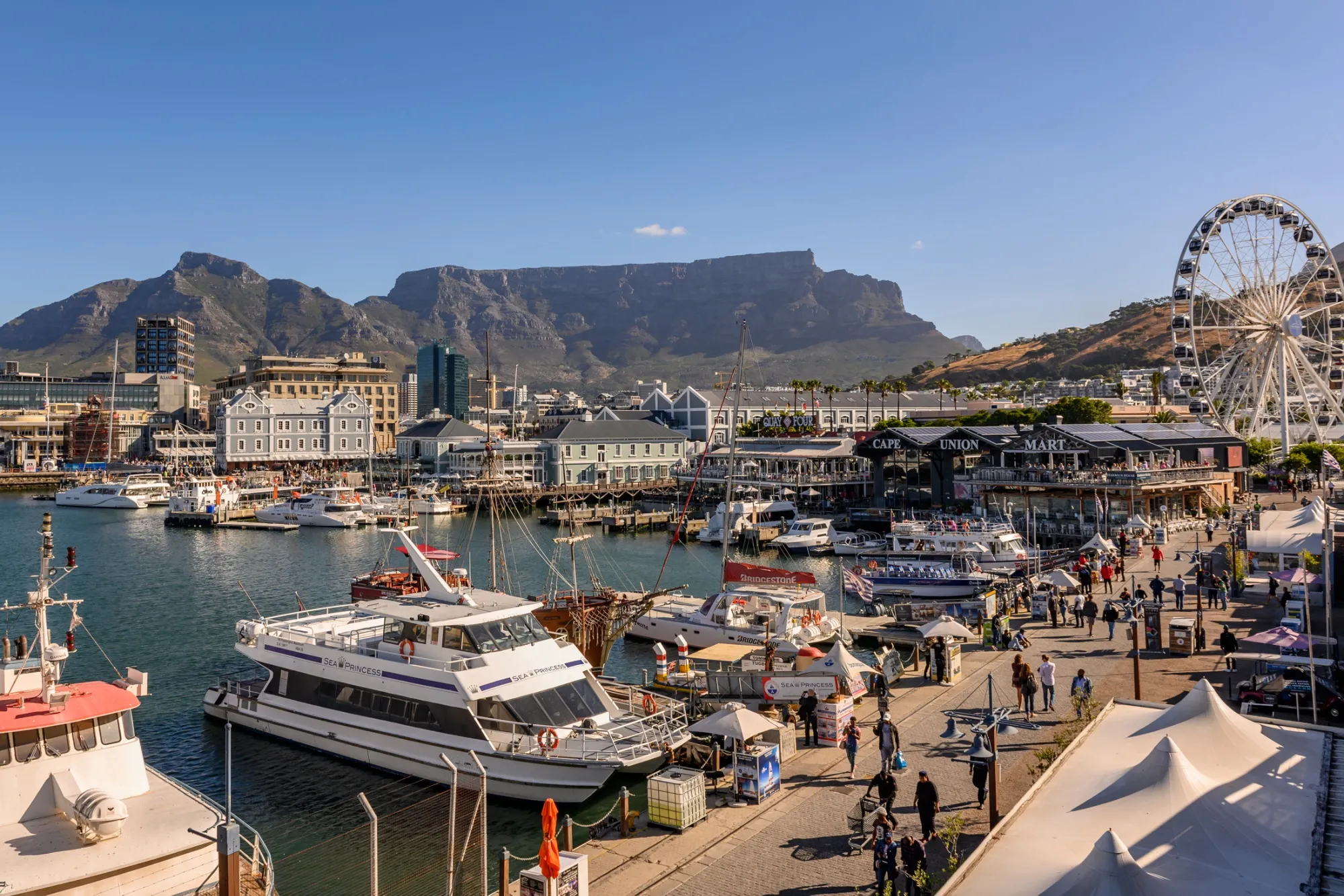 View of Table Mountain, Table Bay Harbour and the waterfront area in Cape Town, South Africa