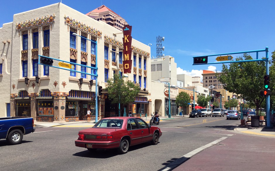 The Kimo Theater on historic Route 66 in downtown Albuquerque, New Mexico. Albuquerque was one of 16 New Mexico towns and cities to recently receive accreditation from the National Main Street Center setting up more possible funding for revitalizing downtowns.