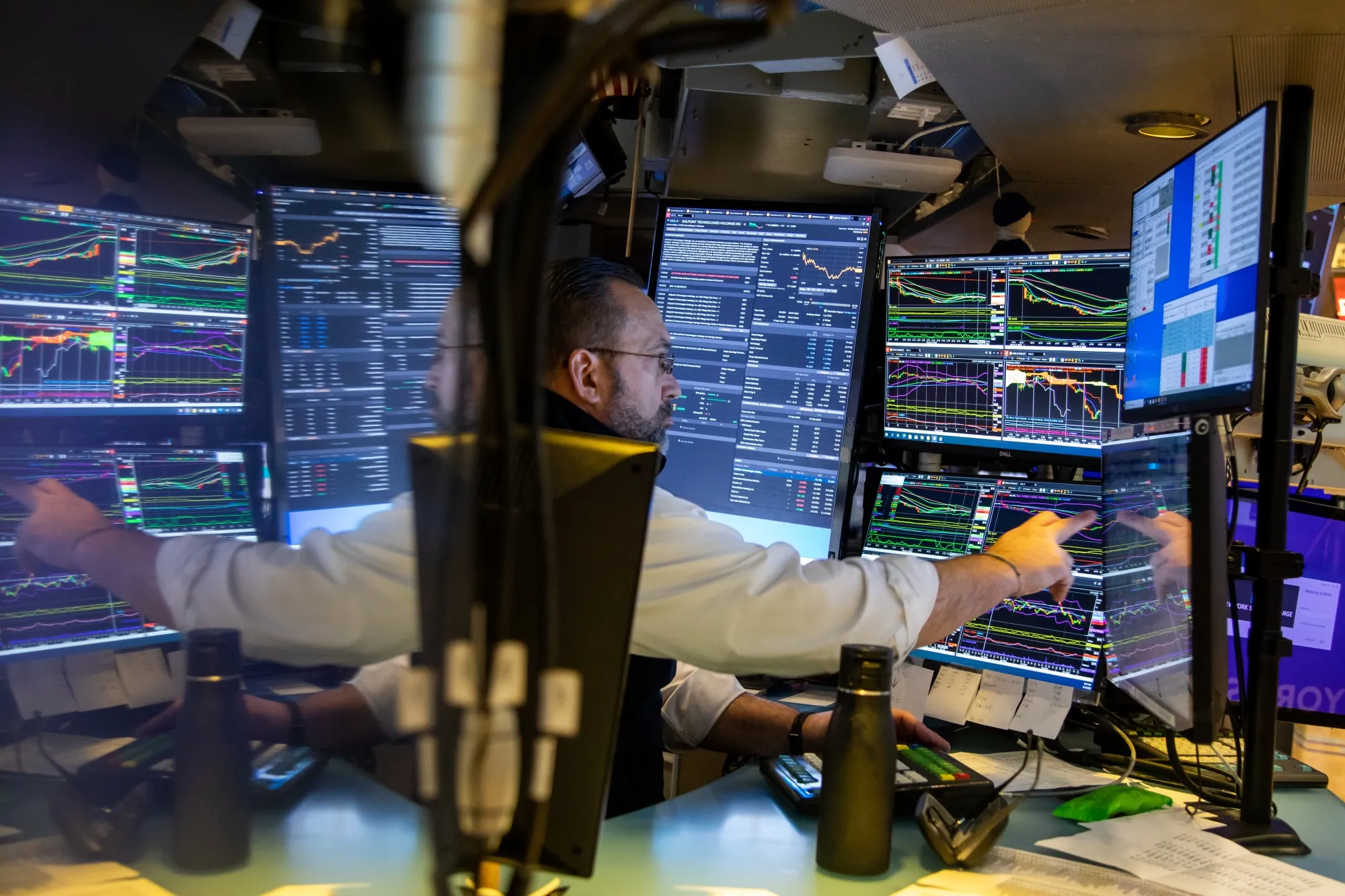 A trader works on the floor of the New York Stock Exchange (NYSE) in New York.