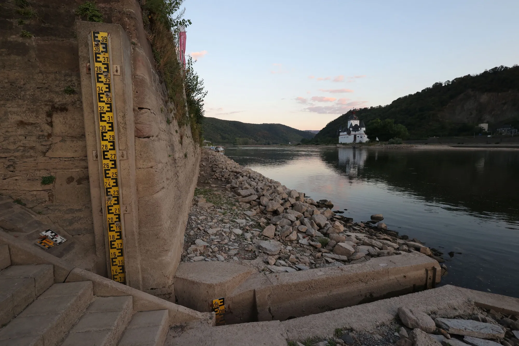 The water level gauge in Kaub, Germany, on Aug. 12.&nbsp;The&nbsp;marker dropped to 30 centimeters on Monday.