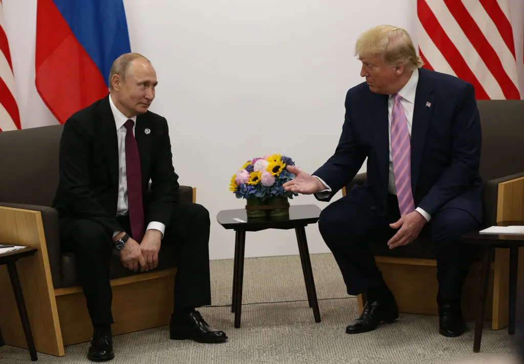 OSAKA, JAPAN - JUNE,28 (RUSSIA OUT) U.S. President Donald Trump (R) and Russian President Vladimir Putin (L) attend their bilateral meeting at the G20 Osaka Summit 2019, in Osaka, Japan, June 28,2019.&nbsp;(Photo by Mikhail Svetlov/Getty Images)