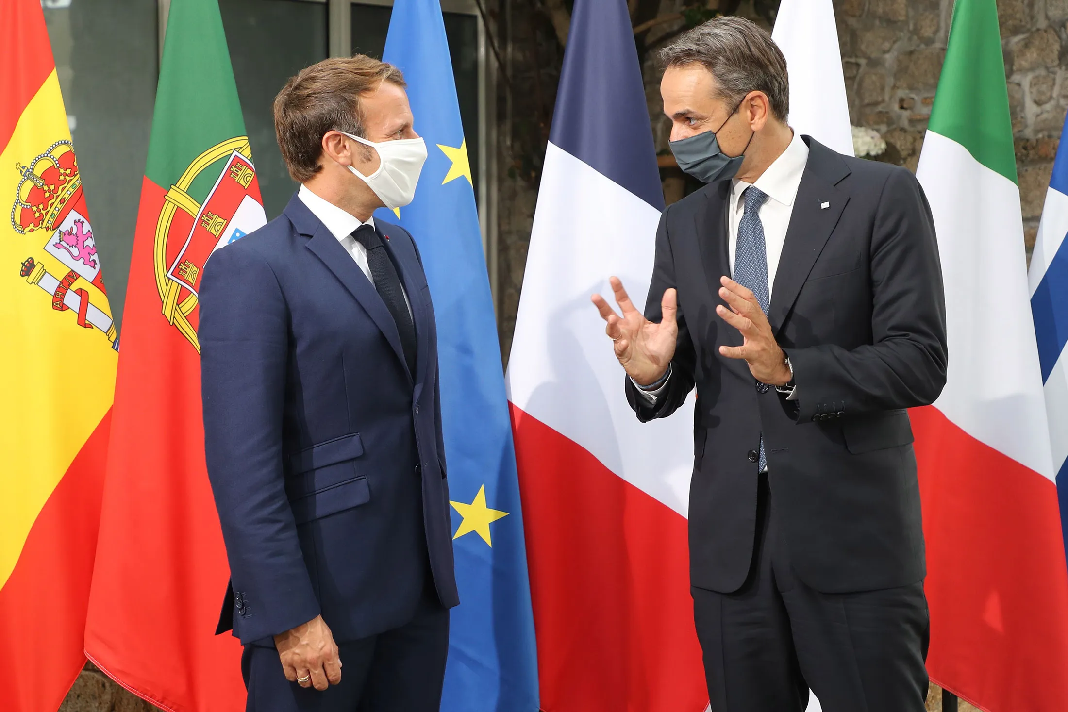 Emmanuel Macron welcomes&nbsp;Kyriakos Mitsotakis for the plenary session of the seventh MED7 Mediterranean countries summit , on Sept.&nbsp;10.