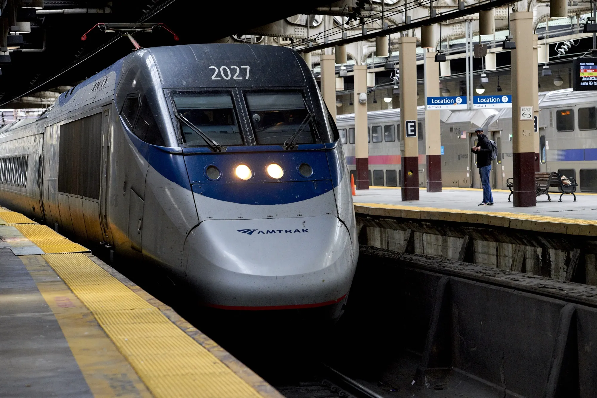An Amtrak train arrives at Newark Pennsylvania Station in Newark, New Jersey.