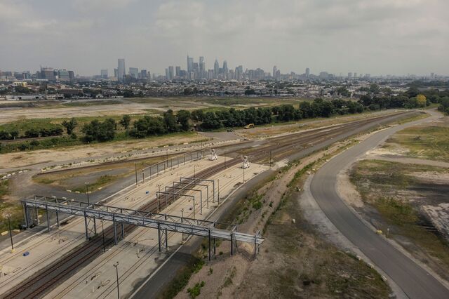 Train tracks run through a former offloading site, now mostly demolished, in the northern section of the 1,300 acre former Philadelphia Energy Solutions refinery location, now owned by Hilco Redevelopment Partners in Philadelphia, PA U.S., on Tuesday, Aug. 10, 2021.
