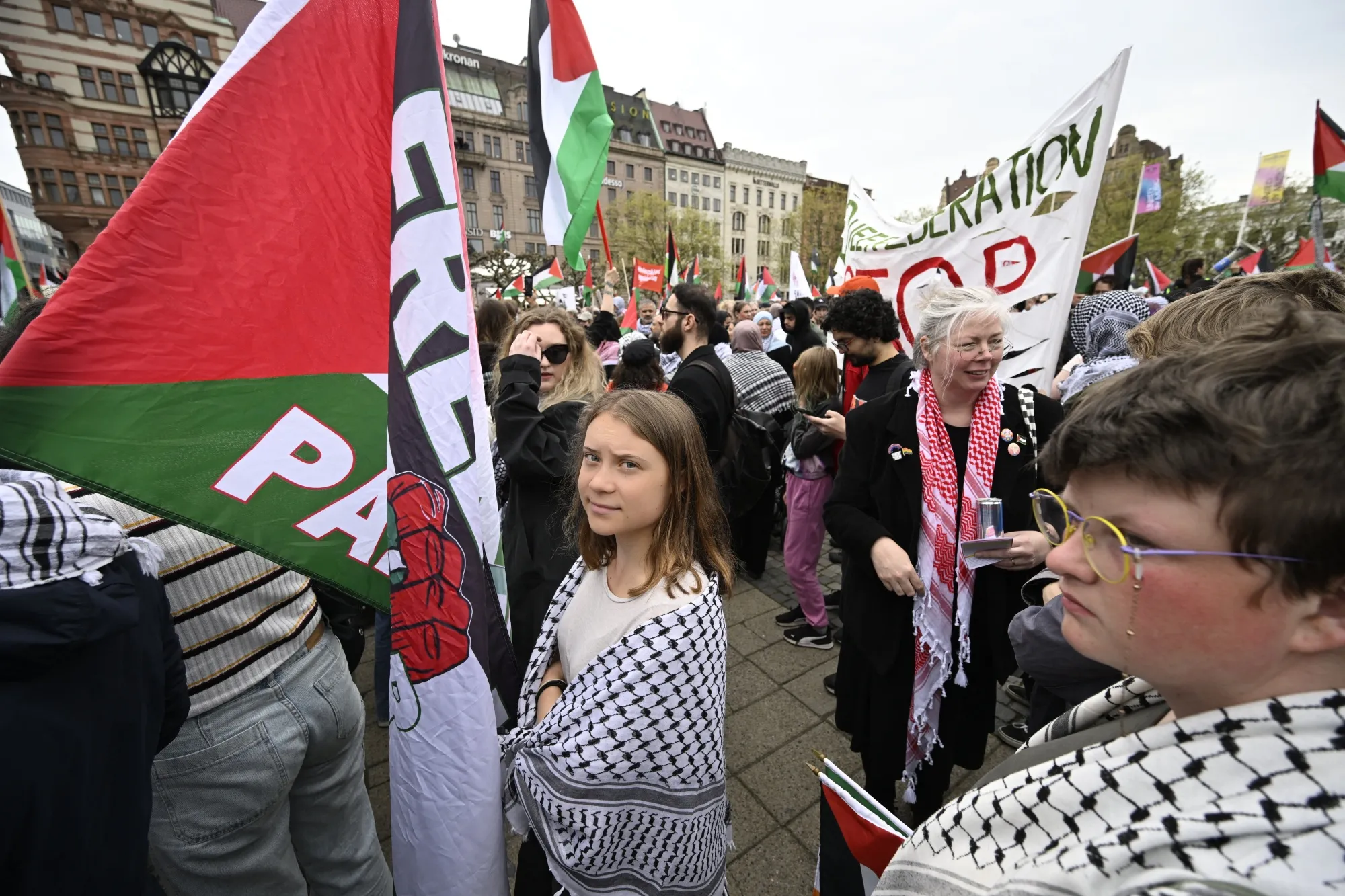 Greta Thunberg, center, attends a rally in protest&nbsp;in Malmo, Sweden, on May 9.