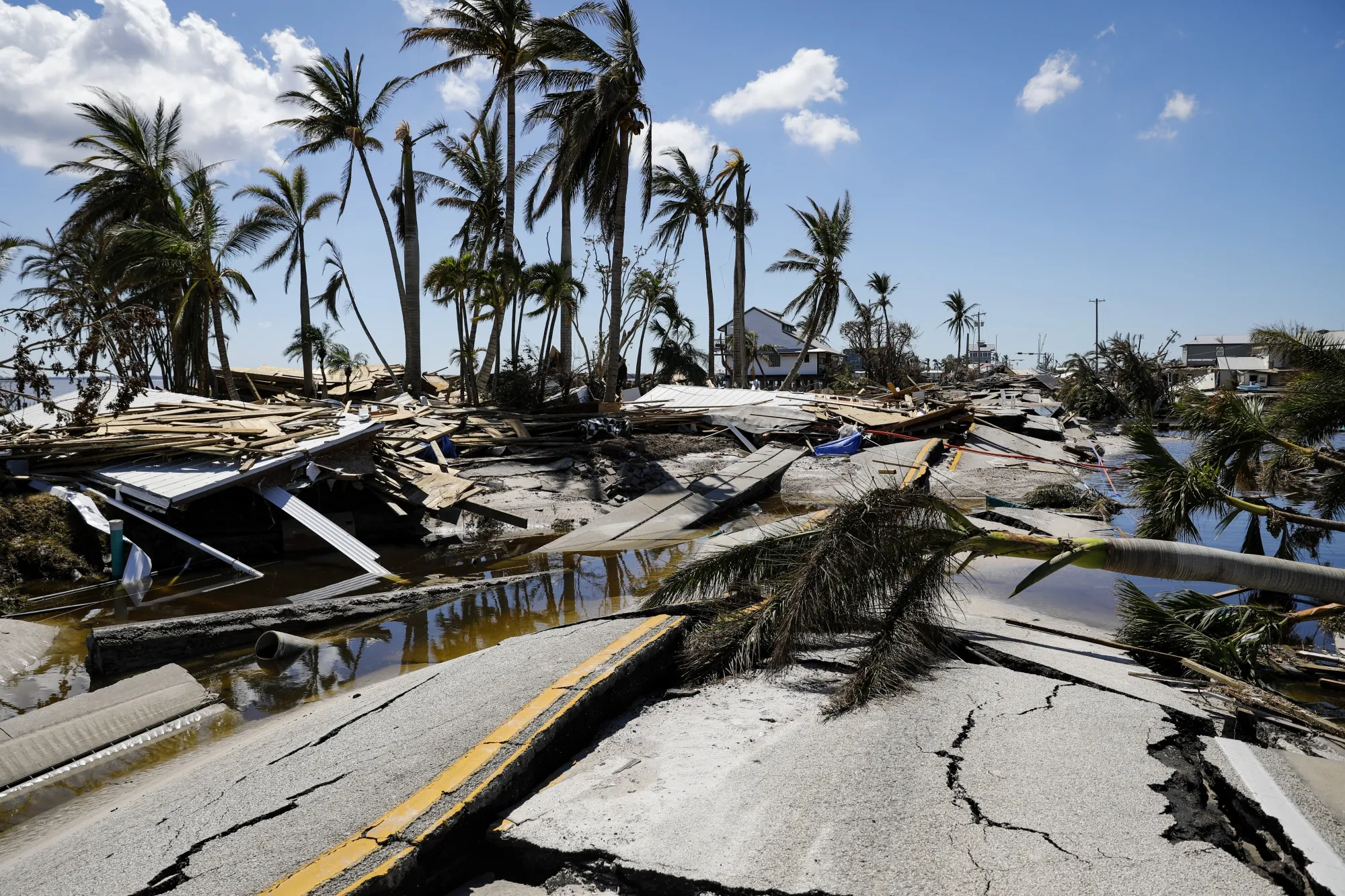 The destroyed Pine Island Road following Hurricane Ian in Matlacha Isles, Florida, in 2022.