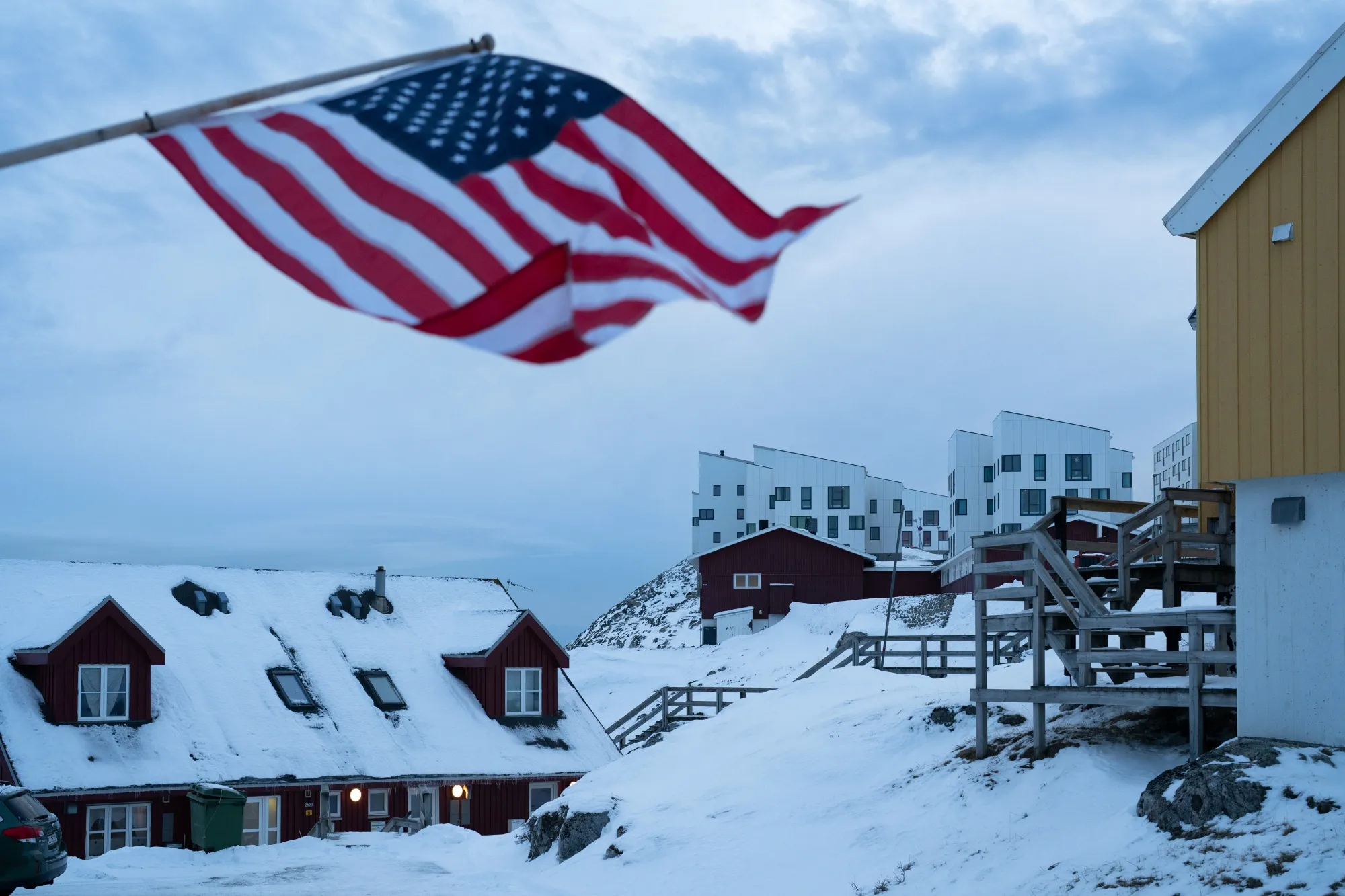 An American flag in Nuuk, Greenland, on Jan. 16. President Donald Trump announced a 10% tariff on goods from European countries supporting Denmark in his pursuit of Greenland. Photographer: Juliette Pavy/Bloomberg