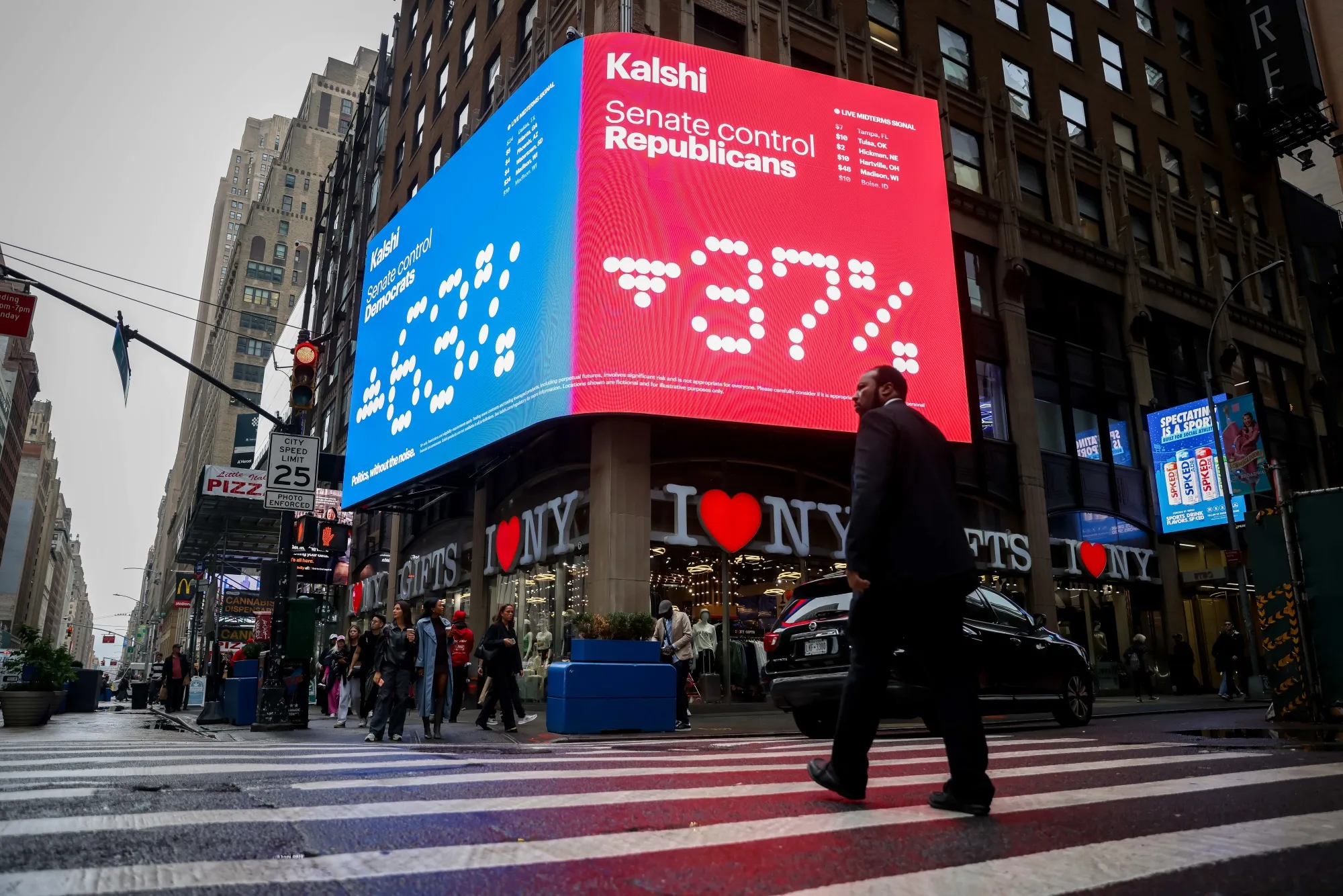 A Kalshi billboard displaying US Senate midterm election odds in New York