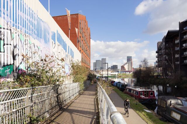 The future site of the Wickside development, left, along the Hertford Union Canal in the Hackney Wick neighborhood of London.