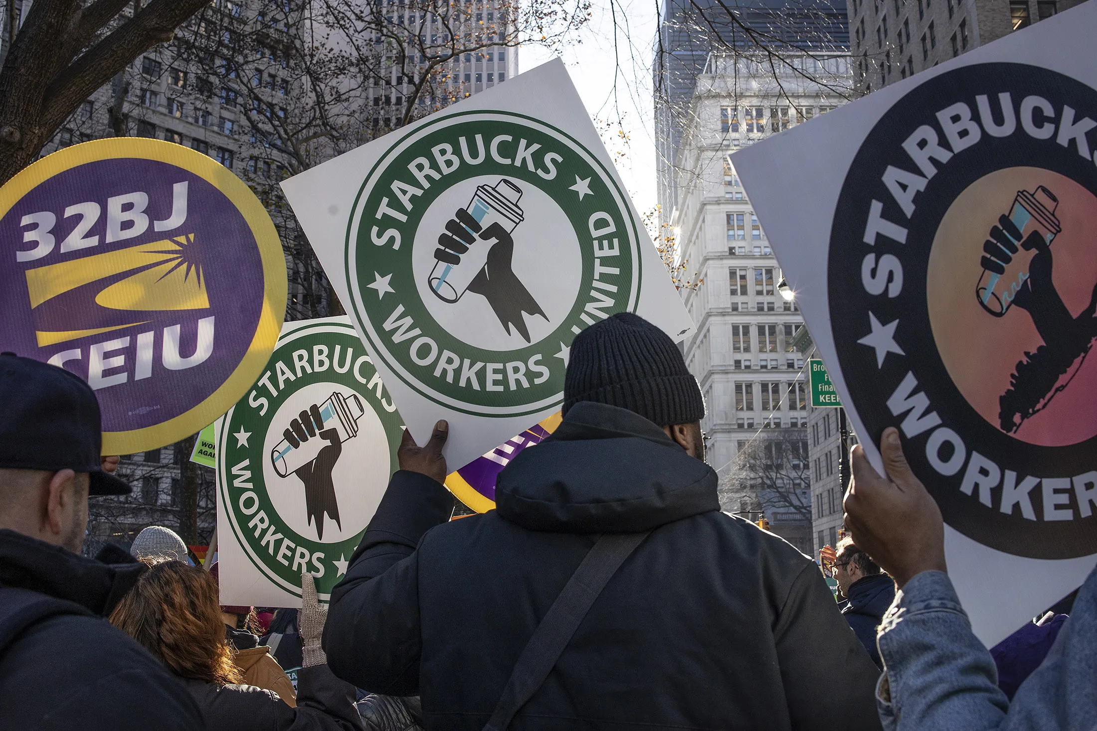 Members of Starbucks union hold a rally in New York in December.