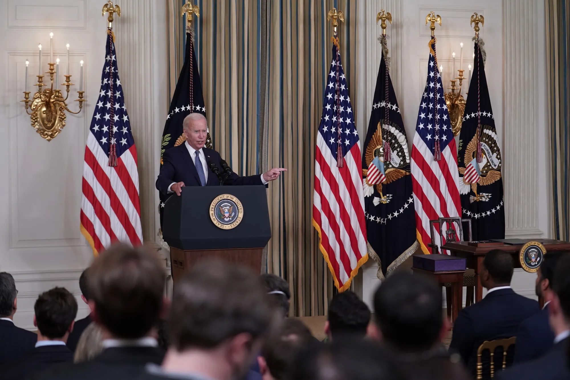 President Joe Biden speaks before signing the US’s biggest-ever climate law&nbsp;in the State Dining Room of the White House in Washington, D.C., on&nbsp;Aug. 16.