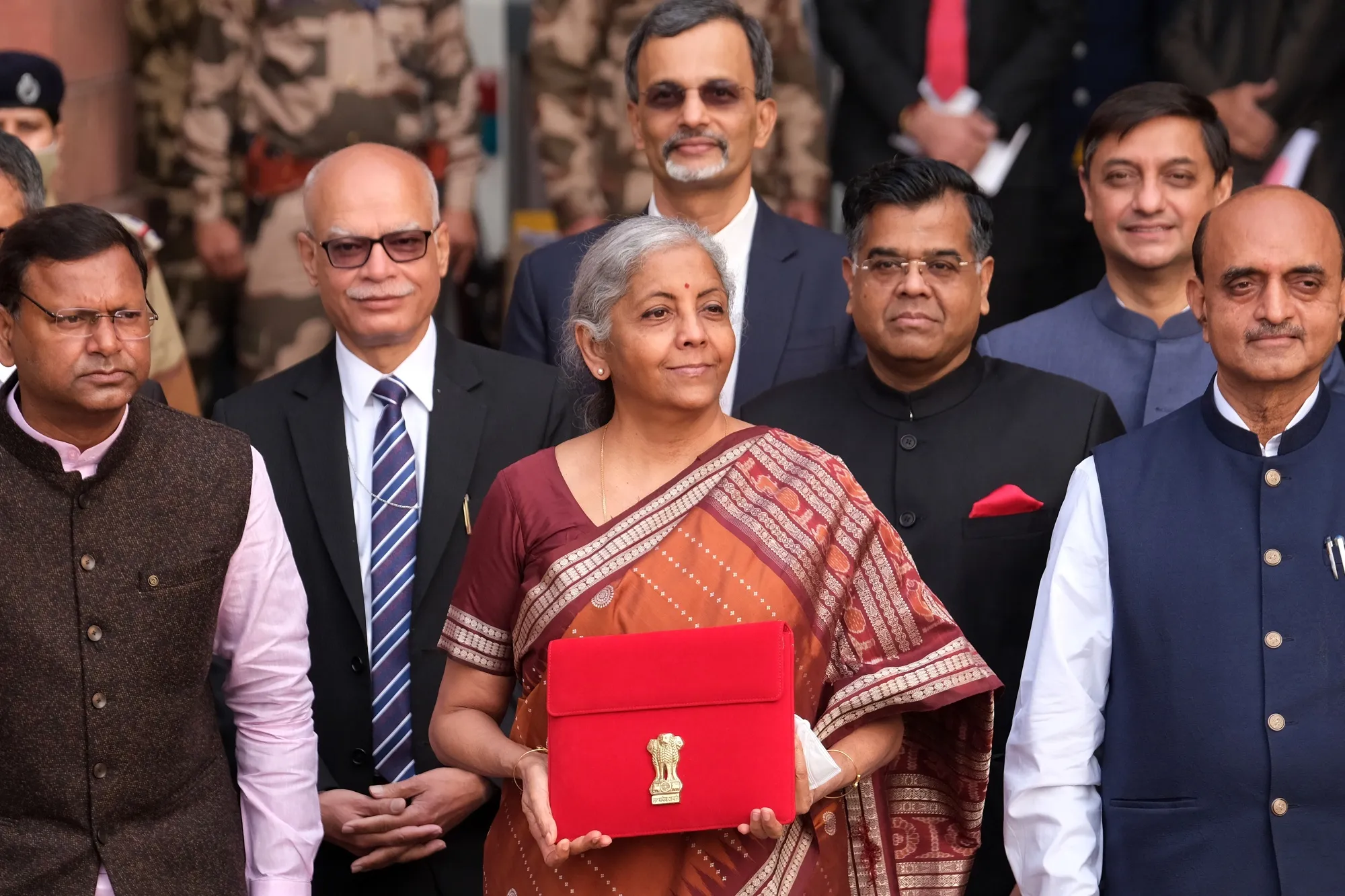 Nirmala Sitharaman, India's finance minister, center, presented the country’s budget on&nbsp;Feb. 1, 2022.