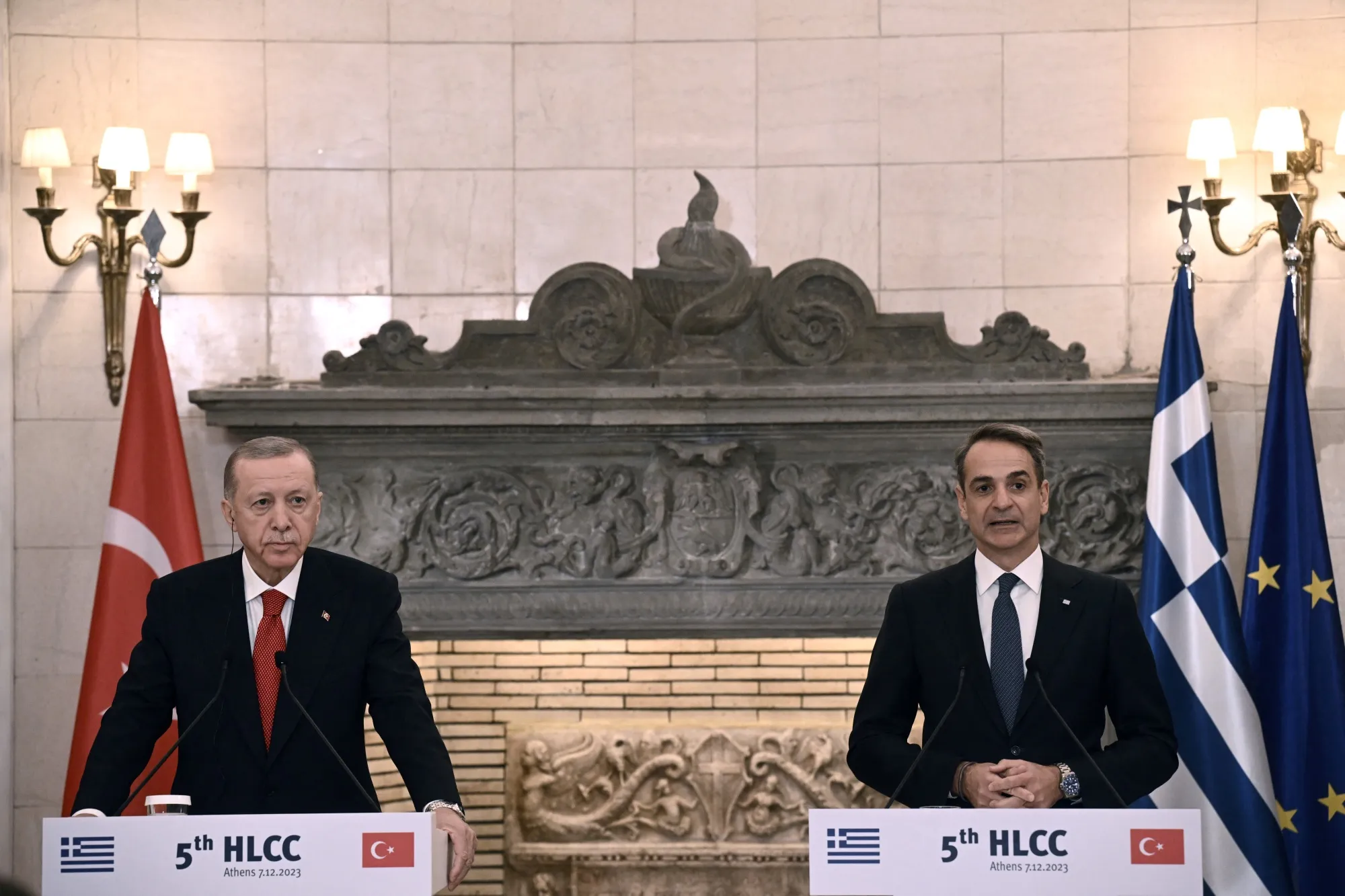 Turkish President Recep Tayyip Erdogan and Greek Prime Minister Kyriakos Mitsotakis speak to the press after meeting in Athens, on Dec. 7.