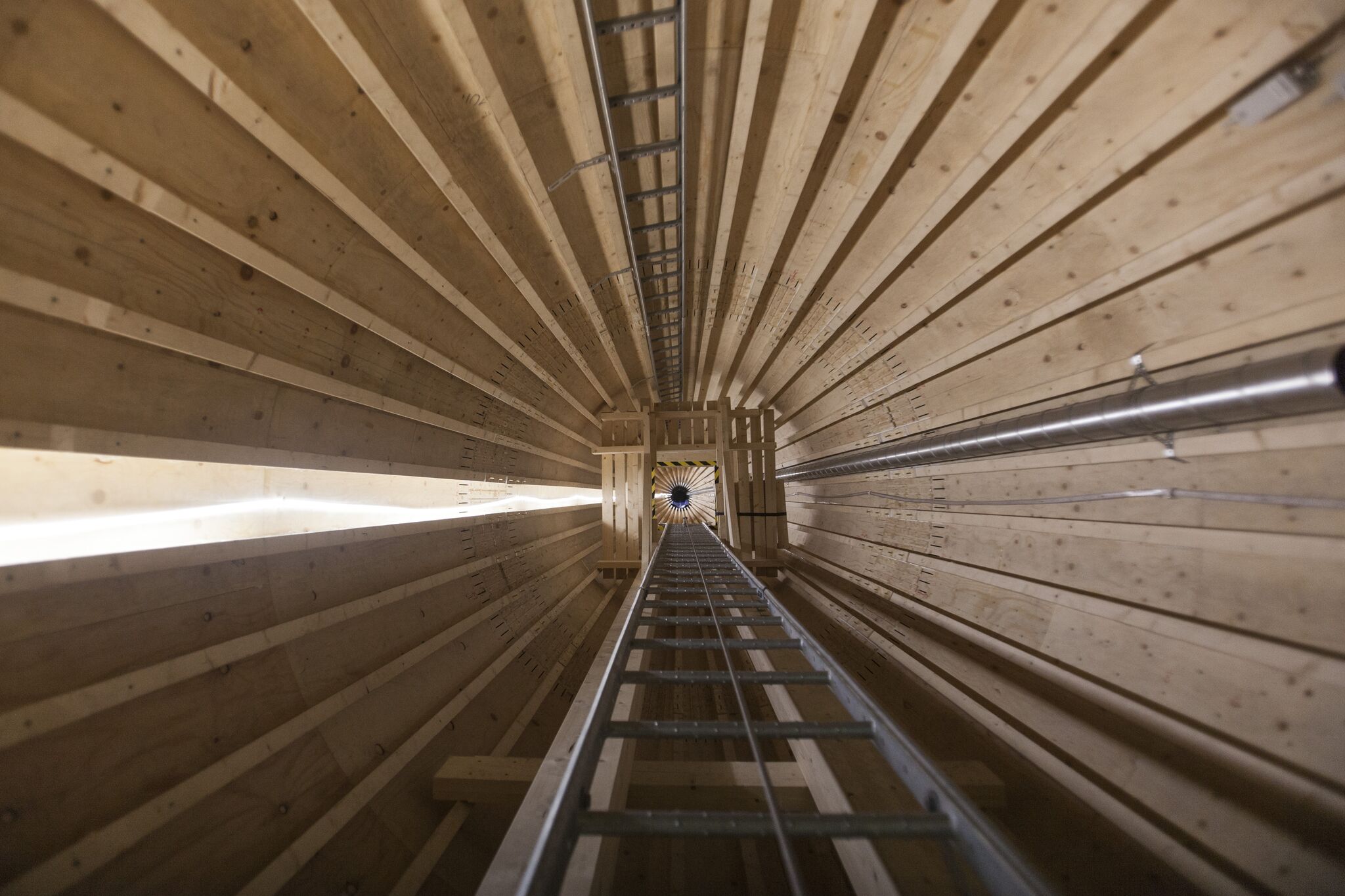 Inside a wood wind turbine tower from Modvion.