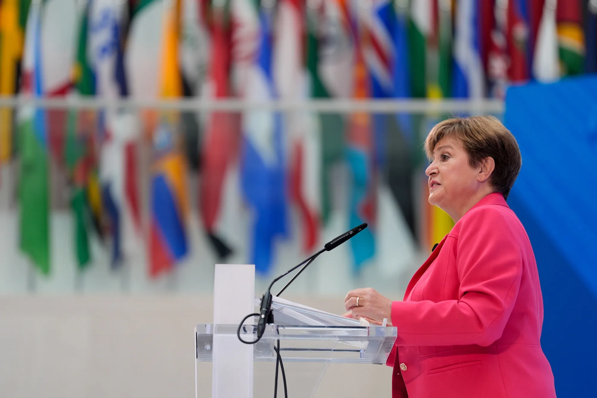 Kristalina Georgieva&nbsp;delivers remarks&nbsp;ahead of the International Monetary Fund and World Bank Spring meetings at the IMF headquarters in Washington, DC, on&nbsp;April 17.
