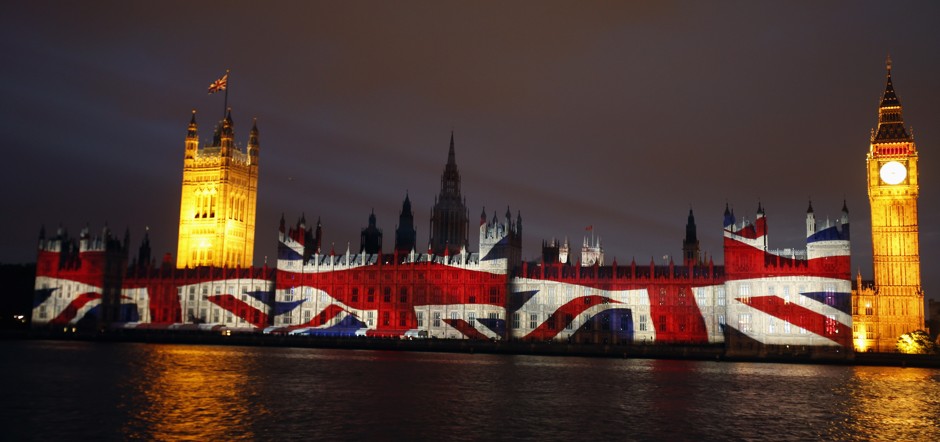 An official projection of the U.K. flag onto the Houses of Parliament during the 2012 Olympics.