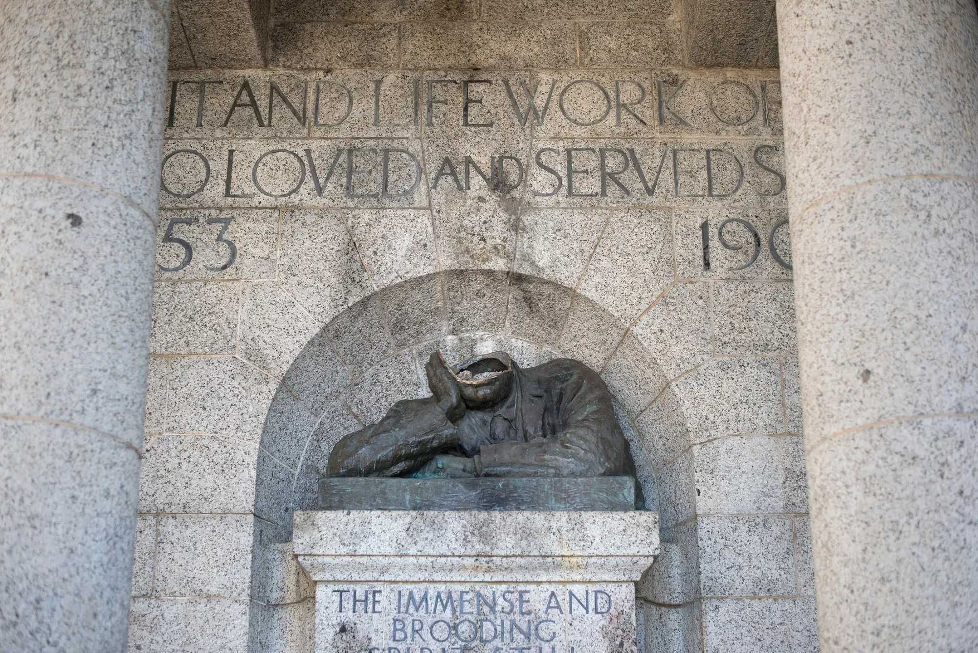 The decapitated bust of Cecil John Rhodes at the Rhodes Memorial in Cape Town.