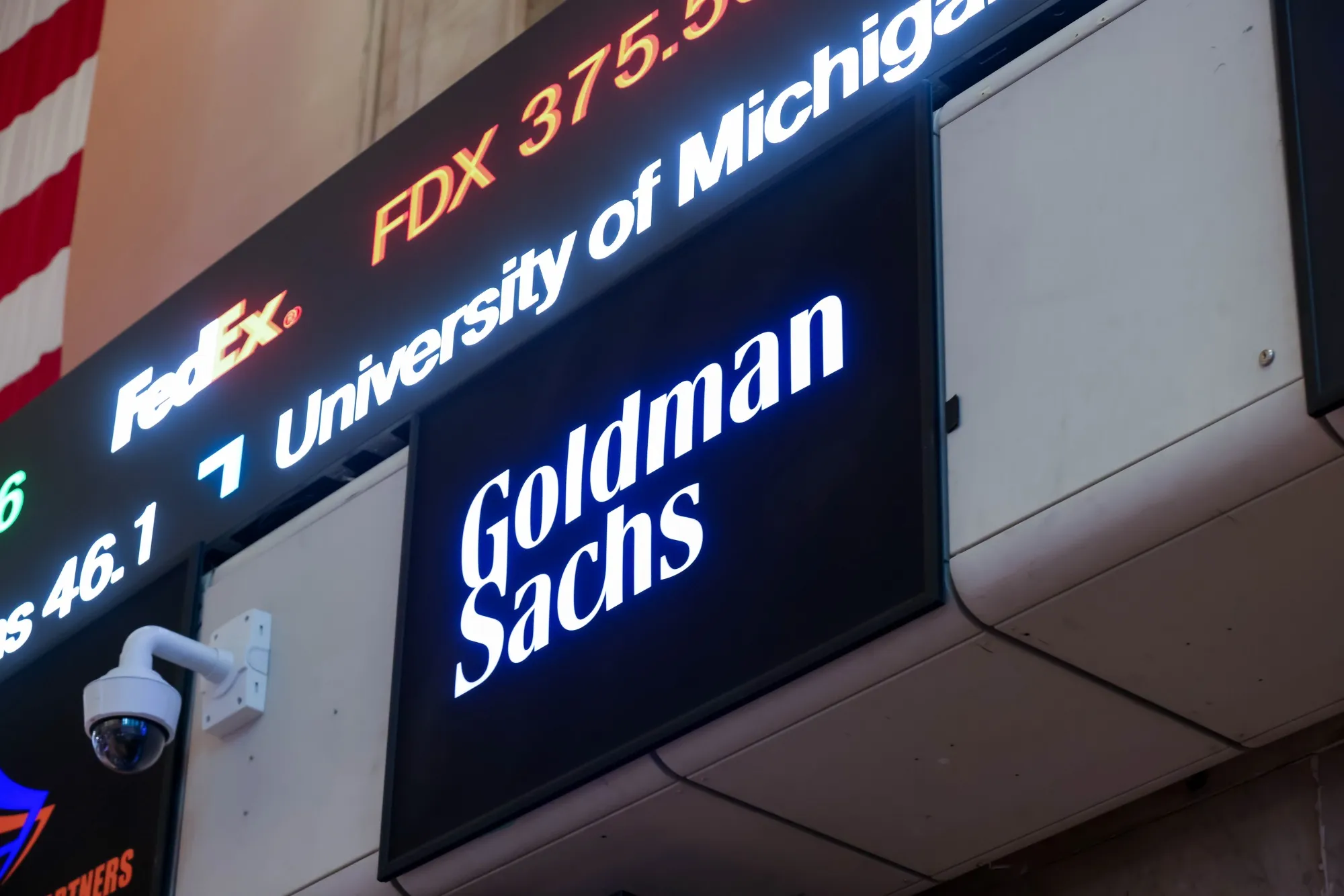 Goldman Sachs signage on the floor of the New York Stock Exchange.