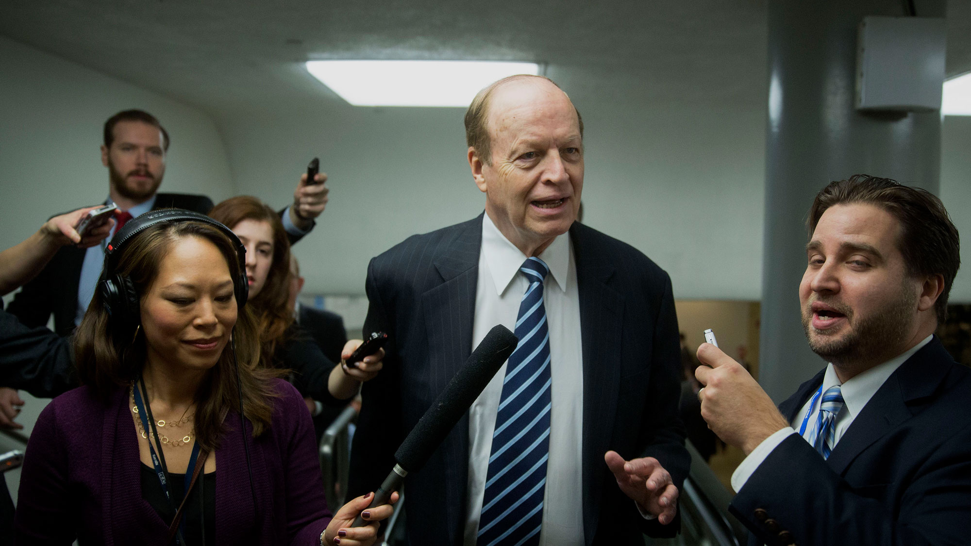 Senator Richard Shelby, a Republican from Alabama, speaks to reporters in the U.S. Capitol Building basement before voting in Washington, D.C., U.S., on Tuesday, Dec. 9, 2014.
