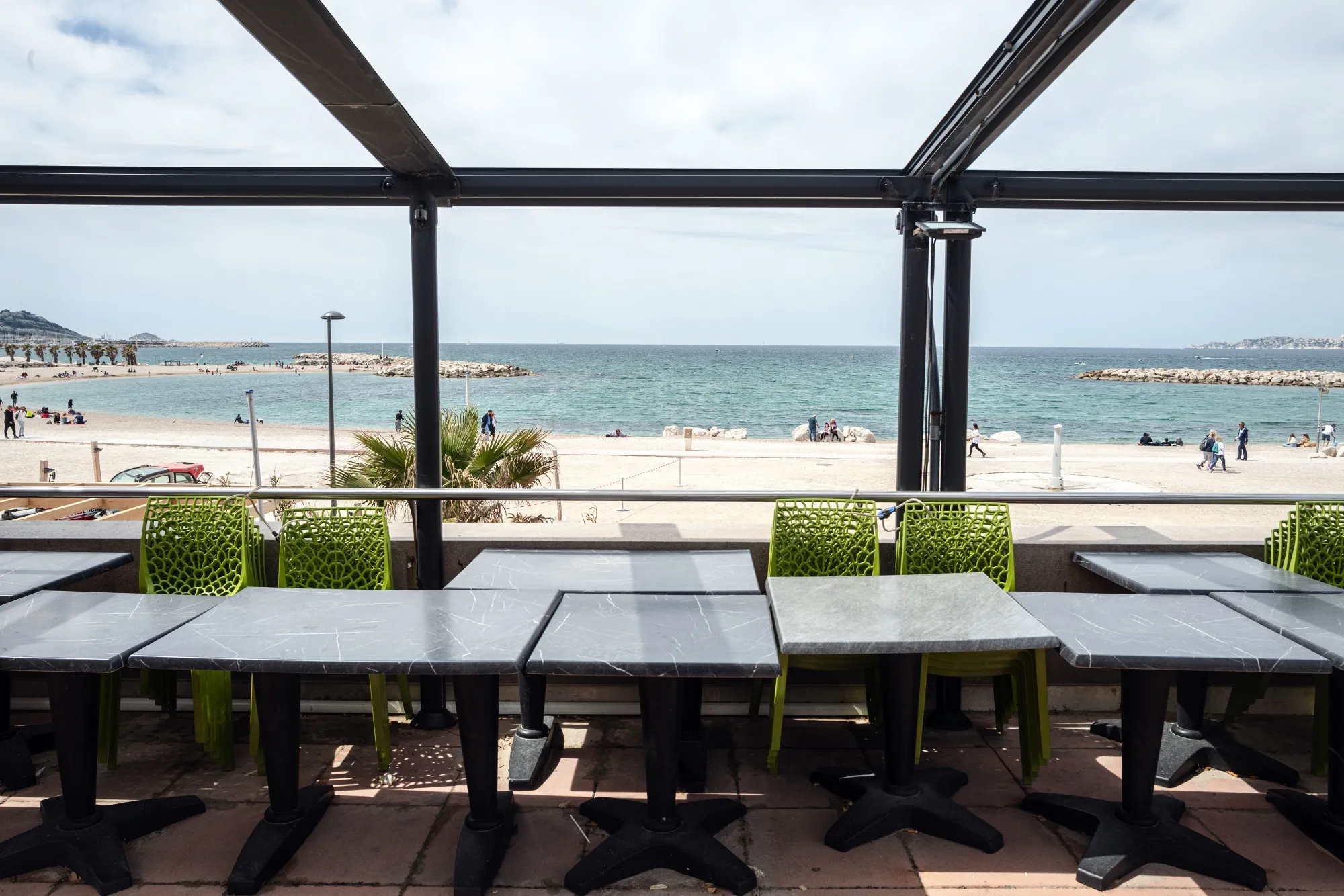 A closed restaurant terrace overlooking the Mediterranean Sea on Prado beach in Marseille, France, on April 25.