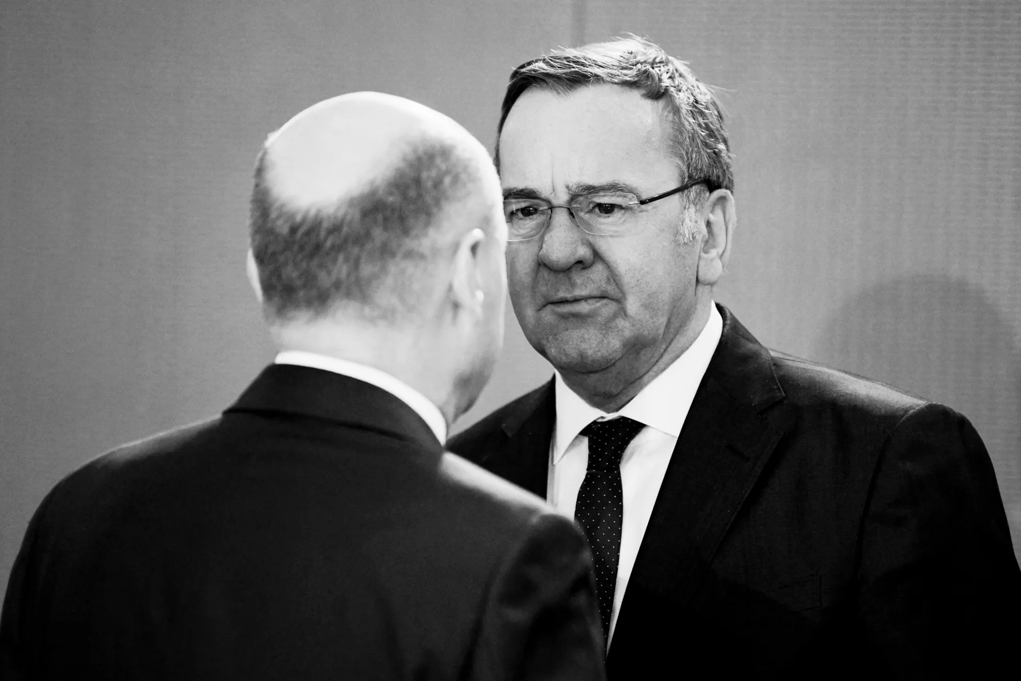 Olaf Scholz, left, and Boris Pistorius arrive for a cabinet meeting in Berlin in February.